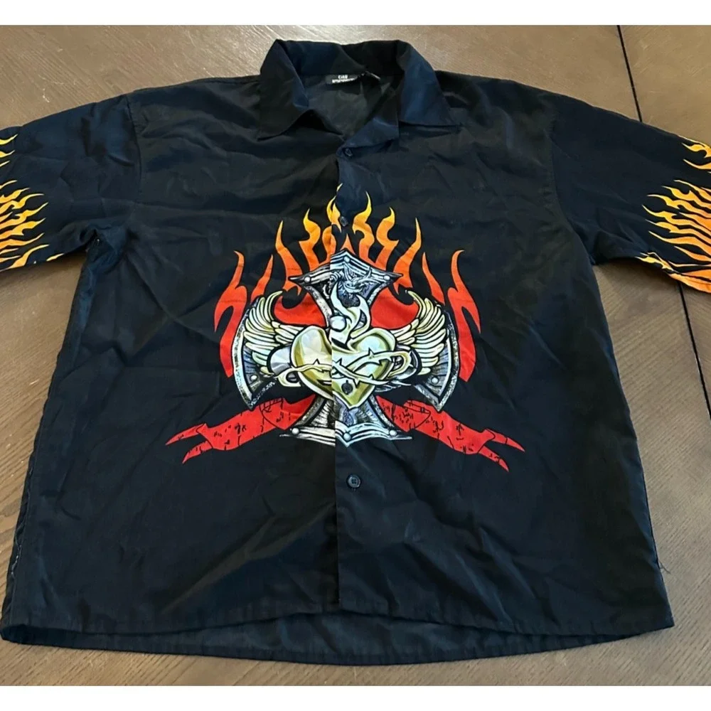 Vintage Y2K City Impact‎ Bowling Button Up Short Sleeve Shirt Flames Size XL